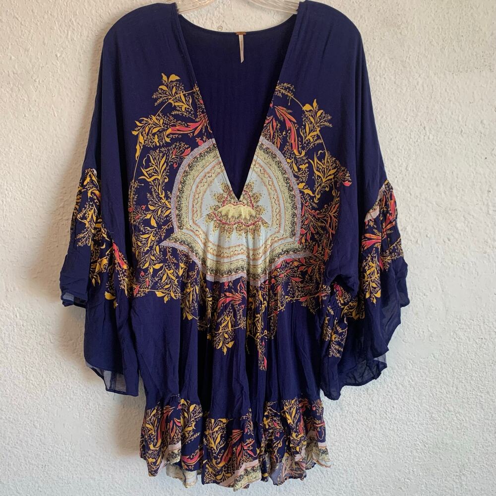 Free People Womens Large Sunset Dreams Ruffle Top Bell Sleeves Blue V Neck Tunic